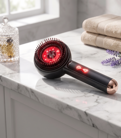 A handheld red light hair brush with glowing red LED lights, resting on a white marble bathroom countertop next to a glass jar and folded towels.